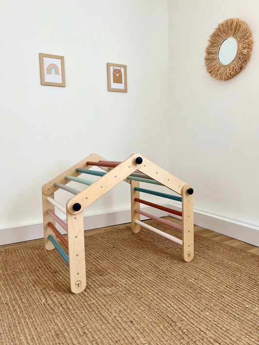 Climbing Triangle for Kids - Darker wood with pastel bars