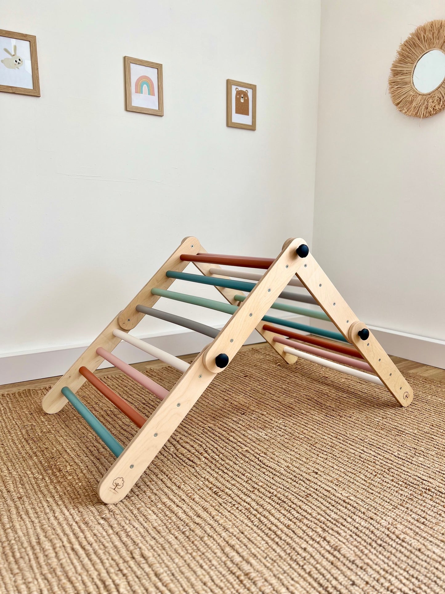 Climbing Triangle for Kids - Darker wood with pastel bars