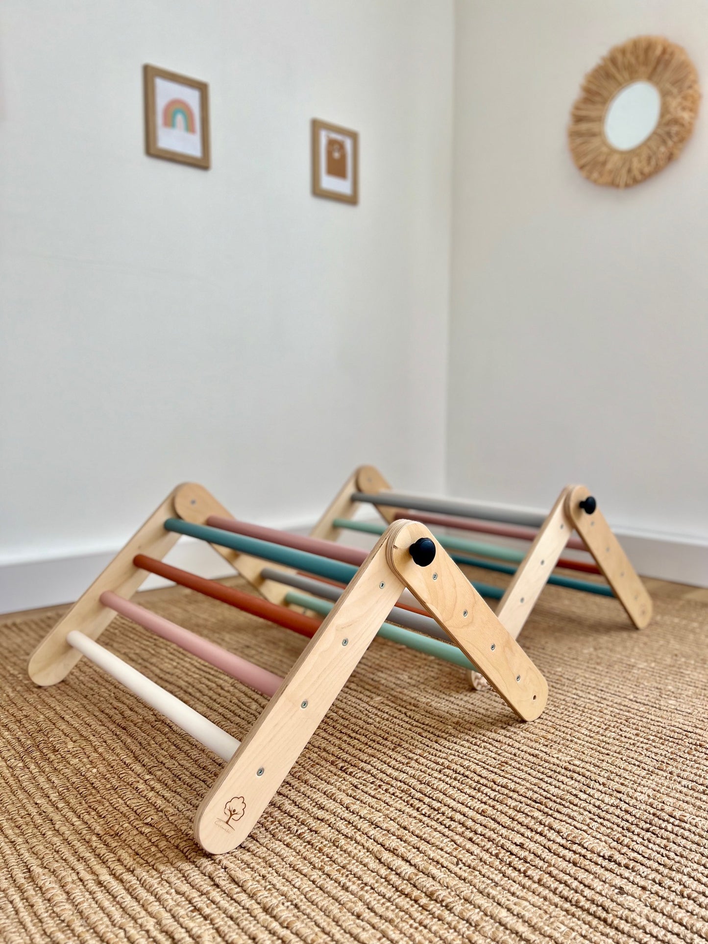Climbing Triangle for Kids  - Darker wood with pastel bars